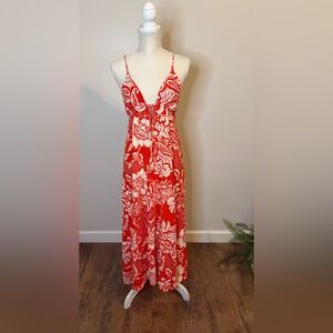 Paper Heart Red Floral Maxi Dress Deep V Open Back Sz M/L